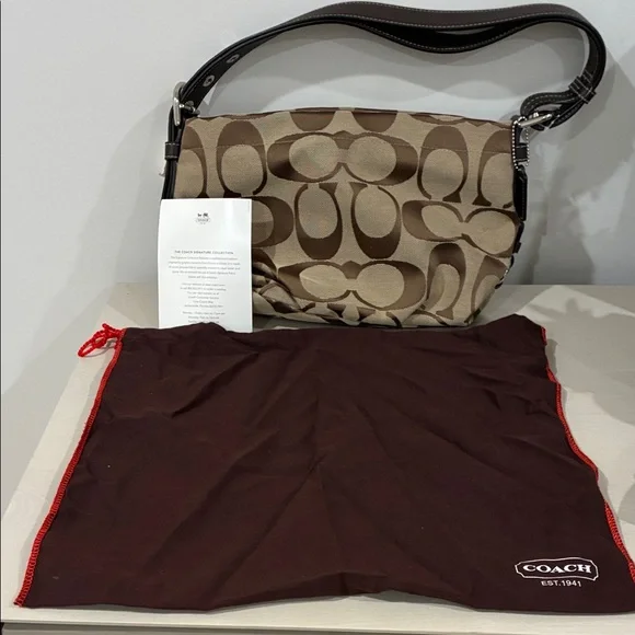 New Coach Beige and Dark Brown Signature Shoulder Bag - Picture 8 of 11